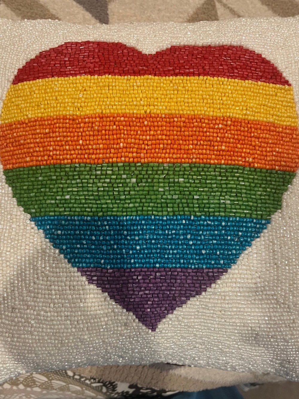 Beaded Rainbow Heart Accent Pillow - White